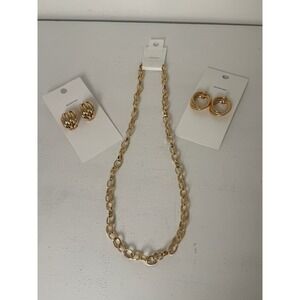 Kappahl Recycled Metal Gold Jewelry Set Oval Link Necklace & 2 Pairs Earring NEW
